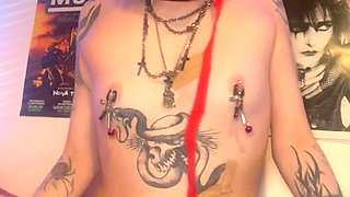 Goth Girl Naked Ballgag Collared Nip Clamps Rides Dildo