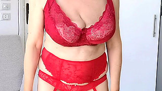 Stepmom Teasing You in Red Dress, Lingerie, Stockings with Garter, and High Heels Shoes