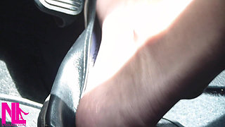 Revving and Driving in Black Leather Flats on Barefeet