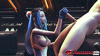 3D Hentai Animation - Busty Girl in Sexy Bodysuit and Blue Latex Gloves Delivers Fetish Handjob Service Cumshot