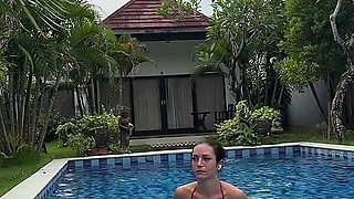 Morning Fitness in Hot Bikini, Sweating, Swimming