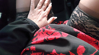 Hot MILF Teases a Taxi Driver in the Car, with Her Sexy Legs in Stockings