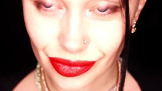 4K Applying crimson lip liner and smoking hookah on black background