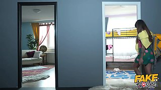 Fake hostel - brazilian teen with petite bum catches older boy jerking