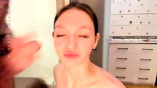 Horny brunette get facial after hard anal and pussy fucking