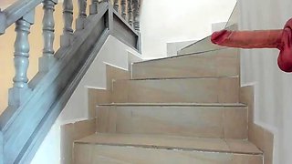 Horny lady masturbates at the public stair