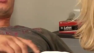 Nurse jumping up and down on her patients cock