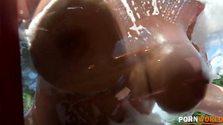 Slutty Carwash BFFs Kitana Lure and Zlata Shine Share a Hard Cock by the Pool GP2625