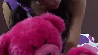 She's a teenager and Tia Cyrus a slutty brunette spreads her legs to get her pussy stretched and gives blowjobs