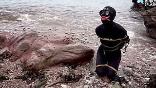 Begging to Be Tied up in 8mm Beuchat - Wetsuit Girl Struggles at the Shoreline
