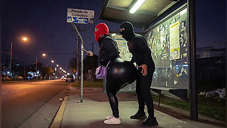 Big Ass Latina in Tight Leather Pants at Bus Stop Strips to Black Leather Thong