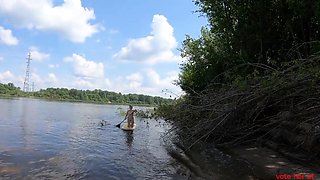 Blonde Solo Girl Naked on a SUP Board