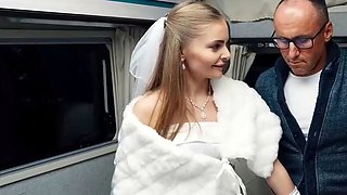 Blonde bride gives warm suck off and joins gang-bang in van